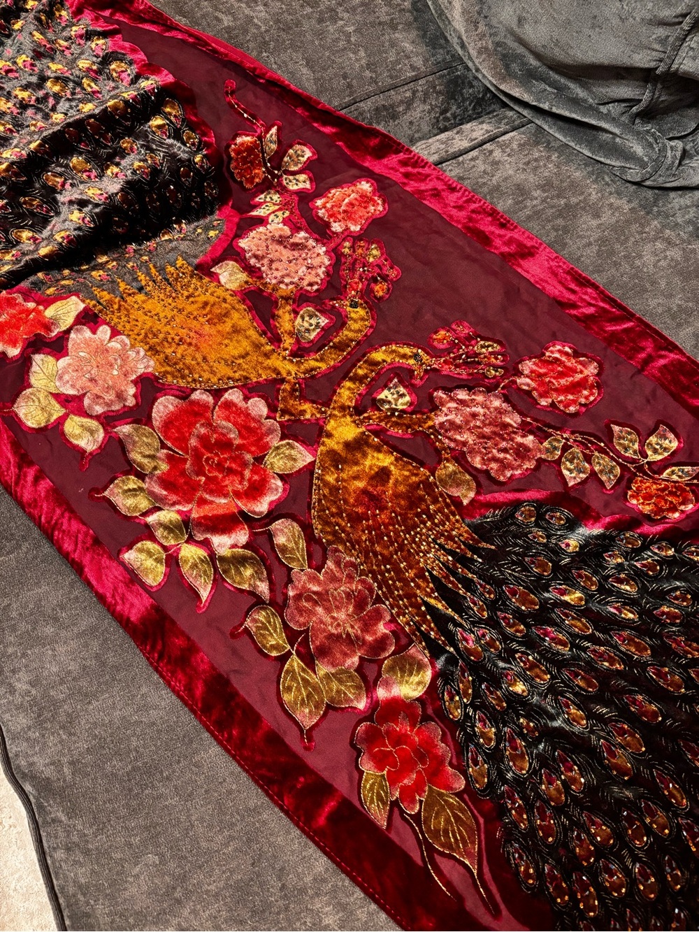 Peacock Scarf Red Burnout Velvet Shawl Bead Wrap Fringe Fairy Whimsigoth